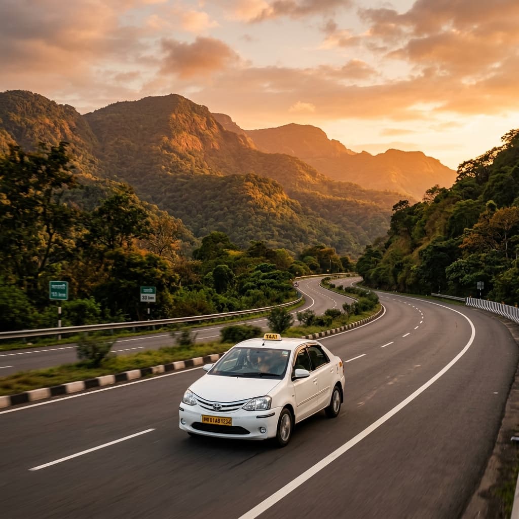 Taxi on a scenic Indian highway at golden hour