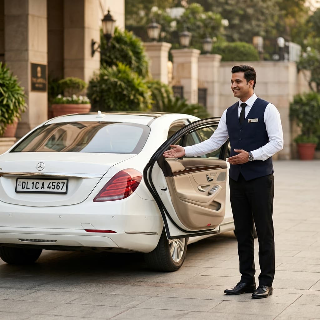 A professional chauffeur holding open the door of a luxury vehicle